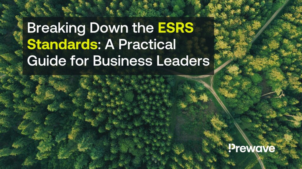 Luftaufnahme eines üppigen grünen Waldes mit einem gespaltenen Feldweg, überlagert von dem fettgedruckten Text &quot;Breaking Down the ESRS Standards: A Practical Guide for Business Leaders&quot; (Ein praktischer Leitfaden für Führungskräfte), in dem betont wird, wie wichtig das Verständnis der ESRS-Konformität für nachhaltige Praktiken ist.